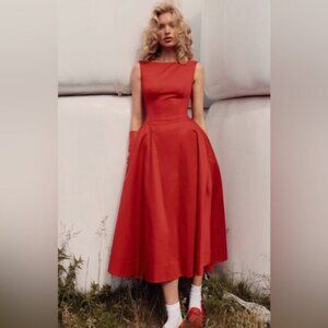 NEW Helsa Stretch Organic Cotton Sateen Midi Dress in Red | size S